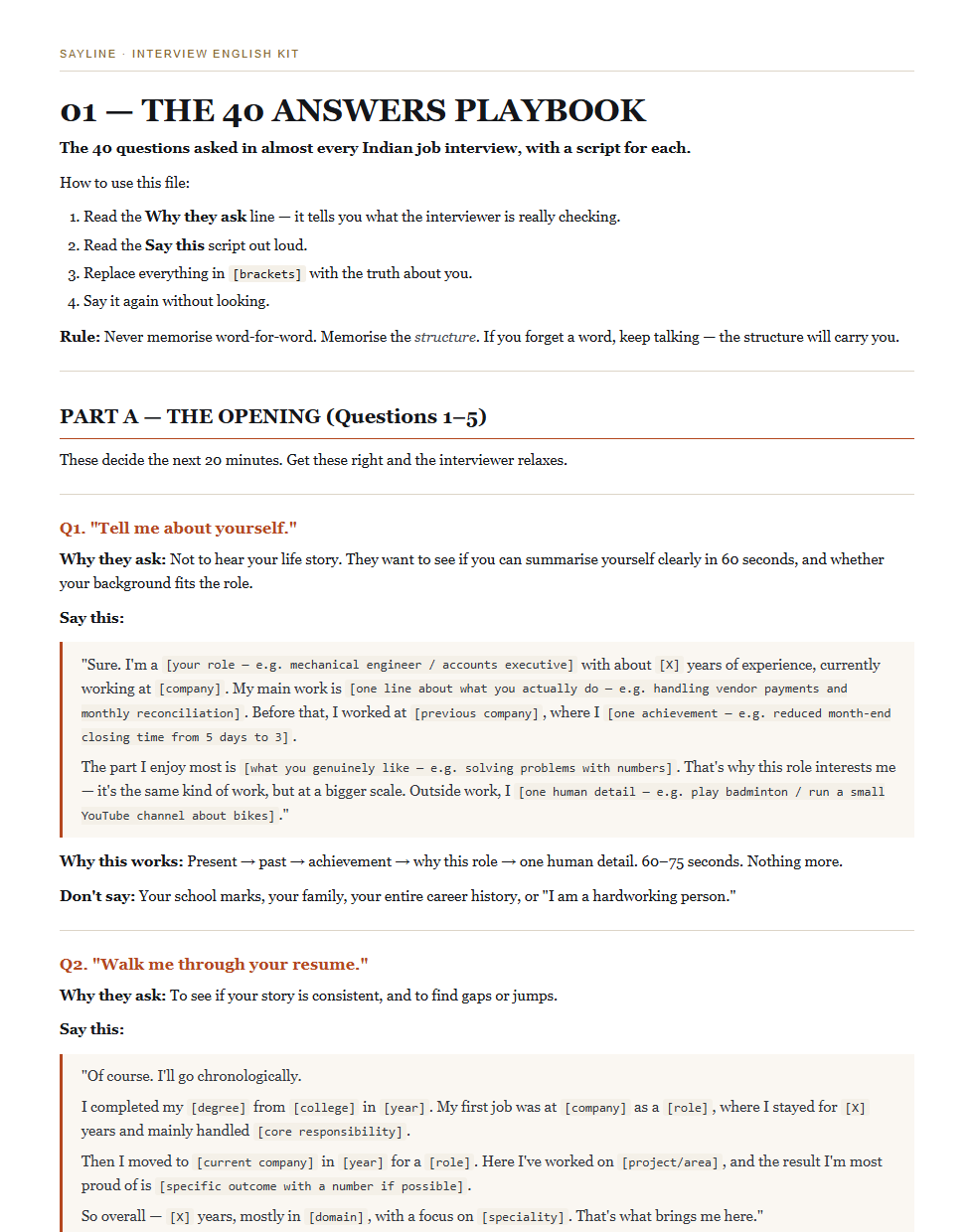 A page from The 40 Answers Playbook showing the script for 'Tell me about yourself'
